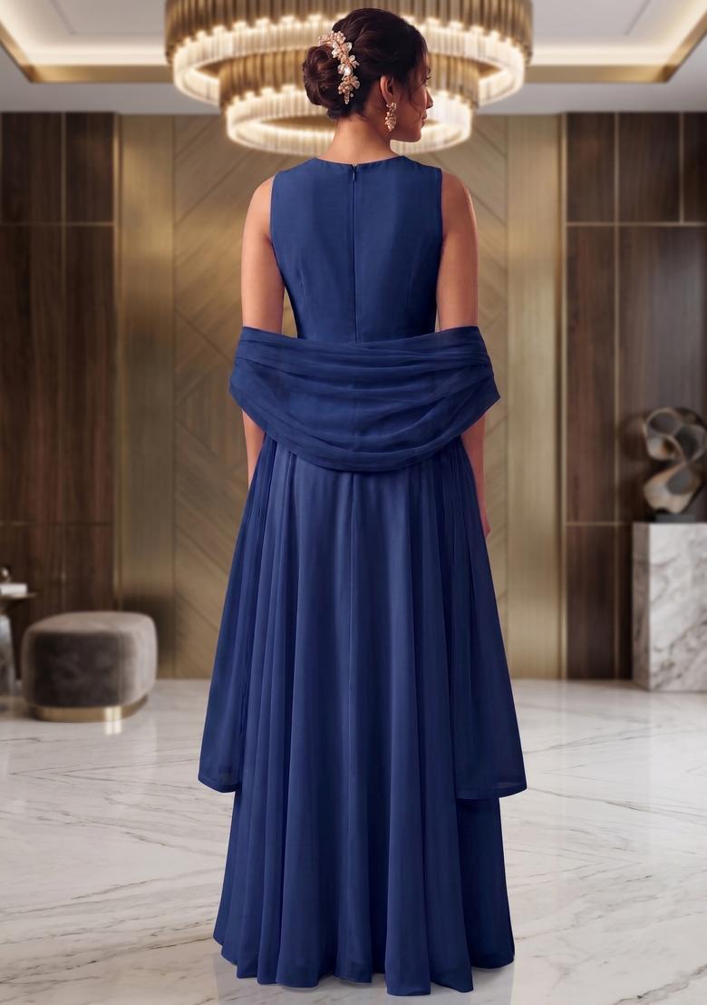 Blue Embroidered Handwork Fusion Set - Indya