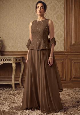 Brown Embroidered Handwork Fusion Set