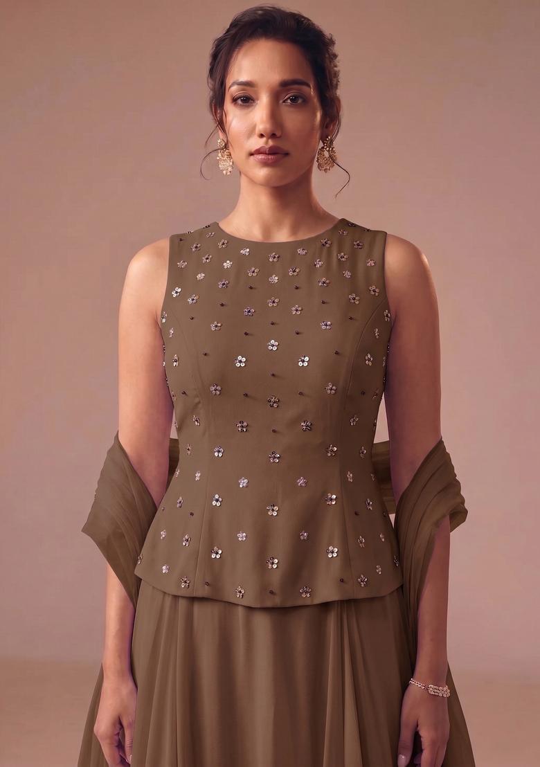 Brown Embroidered Handwork Fusion Set - Indya