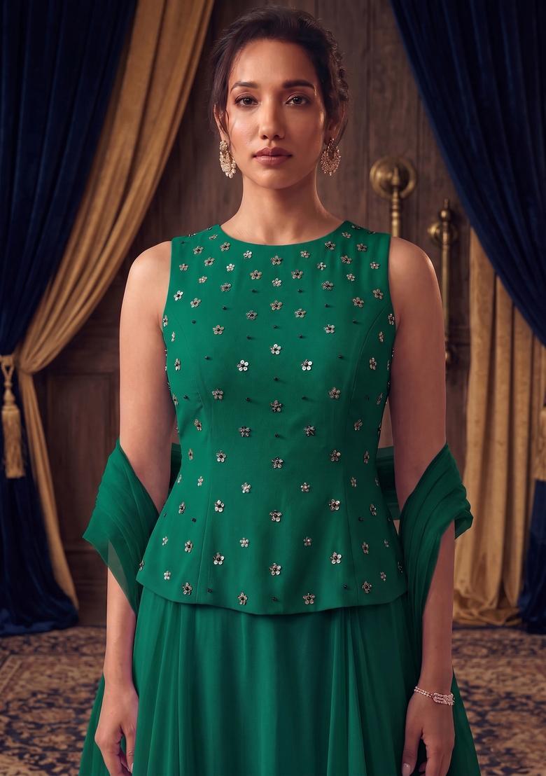 Green Embroidered Handwork Fusion Set - Indya