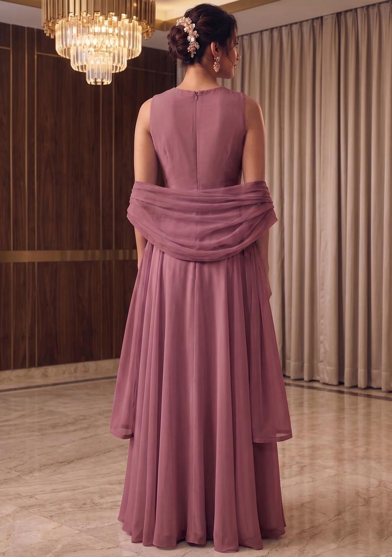 Mauve Embroidered Handwork Fusion Set - Indya