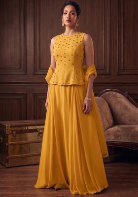 Yellow Embroidered Handwork Fusion Set