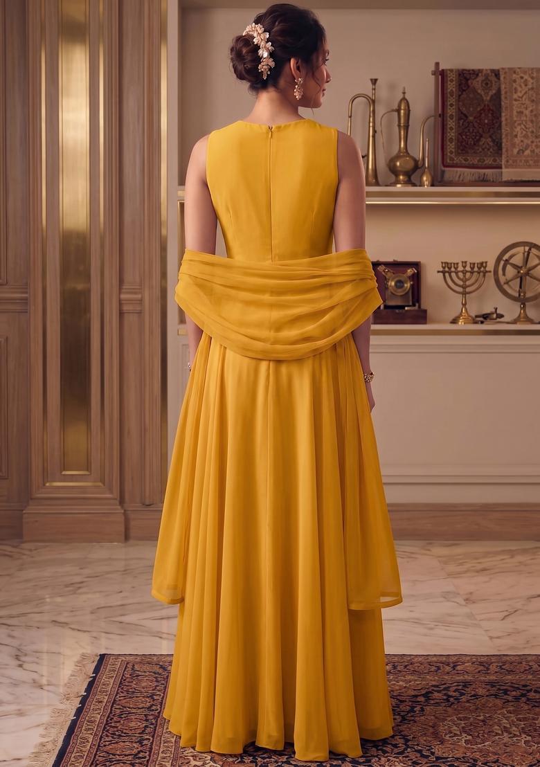 Yellow Embroidered Handwork Fusion Set - Indya