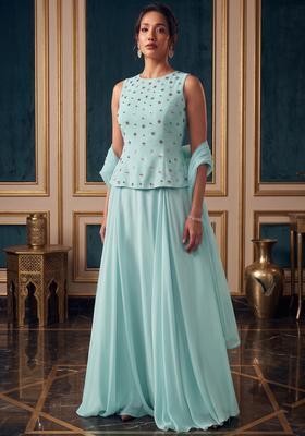 Pastel Blue Embroidered Handwork Fusion Set