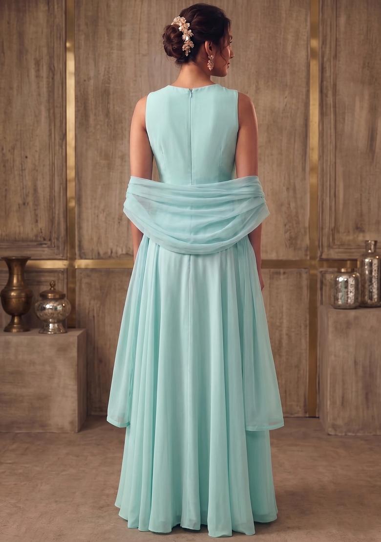 Pastel Blue Embroidered Handwork Fusion Set - Indya