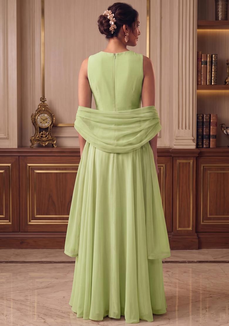 Lettuce Green Embroidered Handwork Fusion Set - Indya