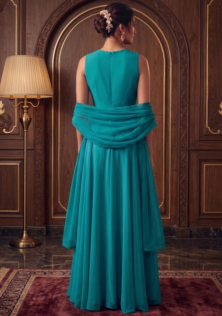 Teal Blue Hand Work Fusion Set - Indya