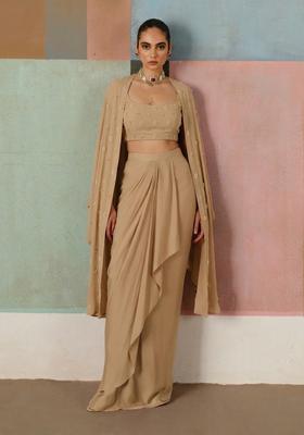 Beige Embroidered Handwork Fusion Set