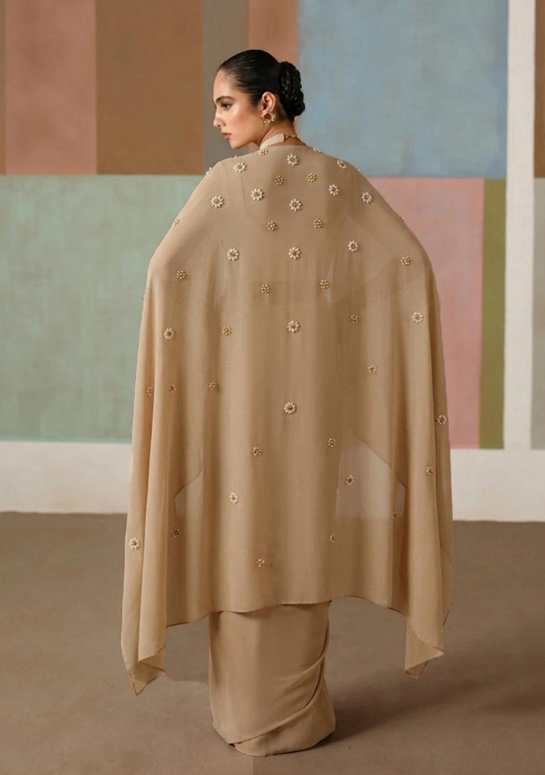 Beige Embroidered Handwork Fusion Set - Indya