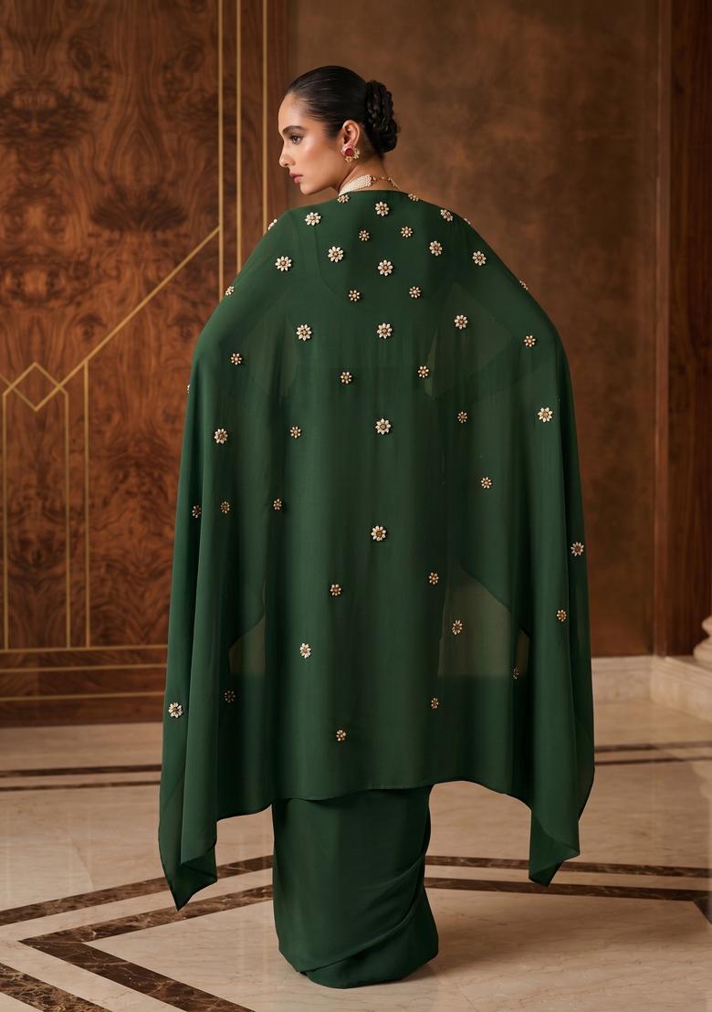 Green Embroidered Handwork Fusion Set - Indya