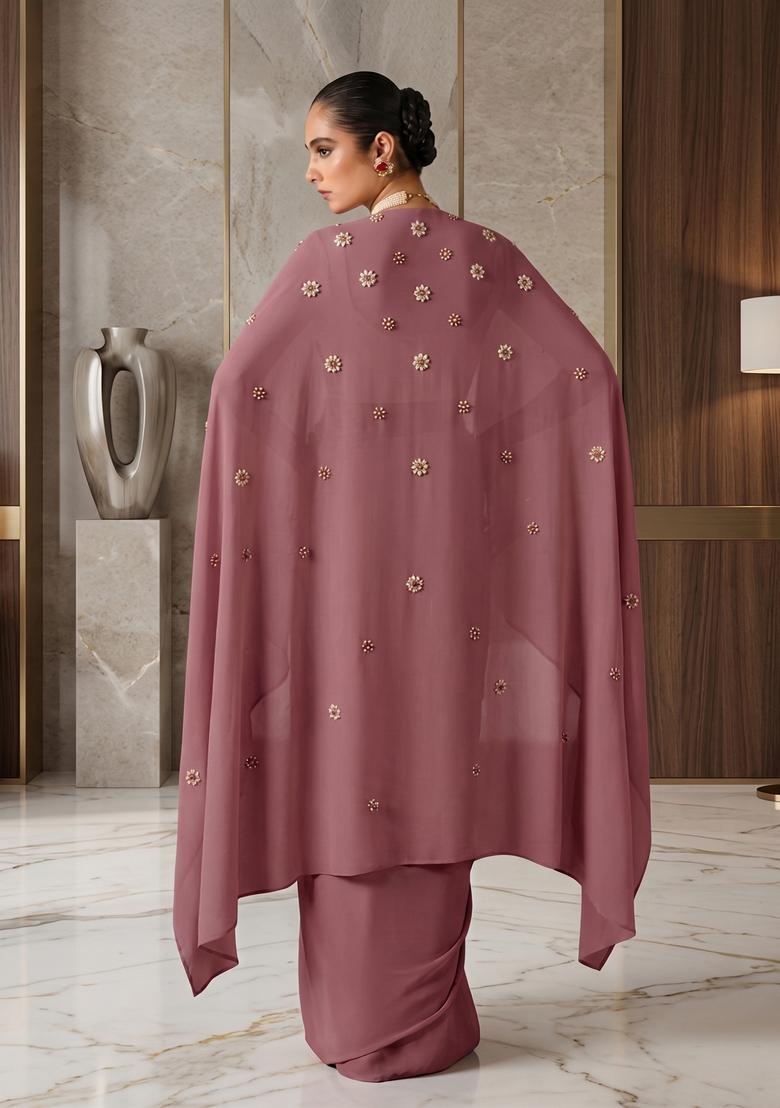 Mauve Embroidered Handwork Fusion Set - Indya