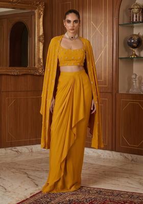 Yellow Embroidered Handwork Fusion Set