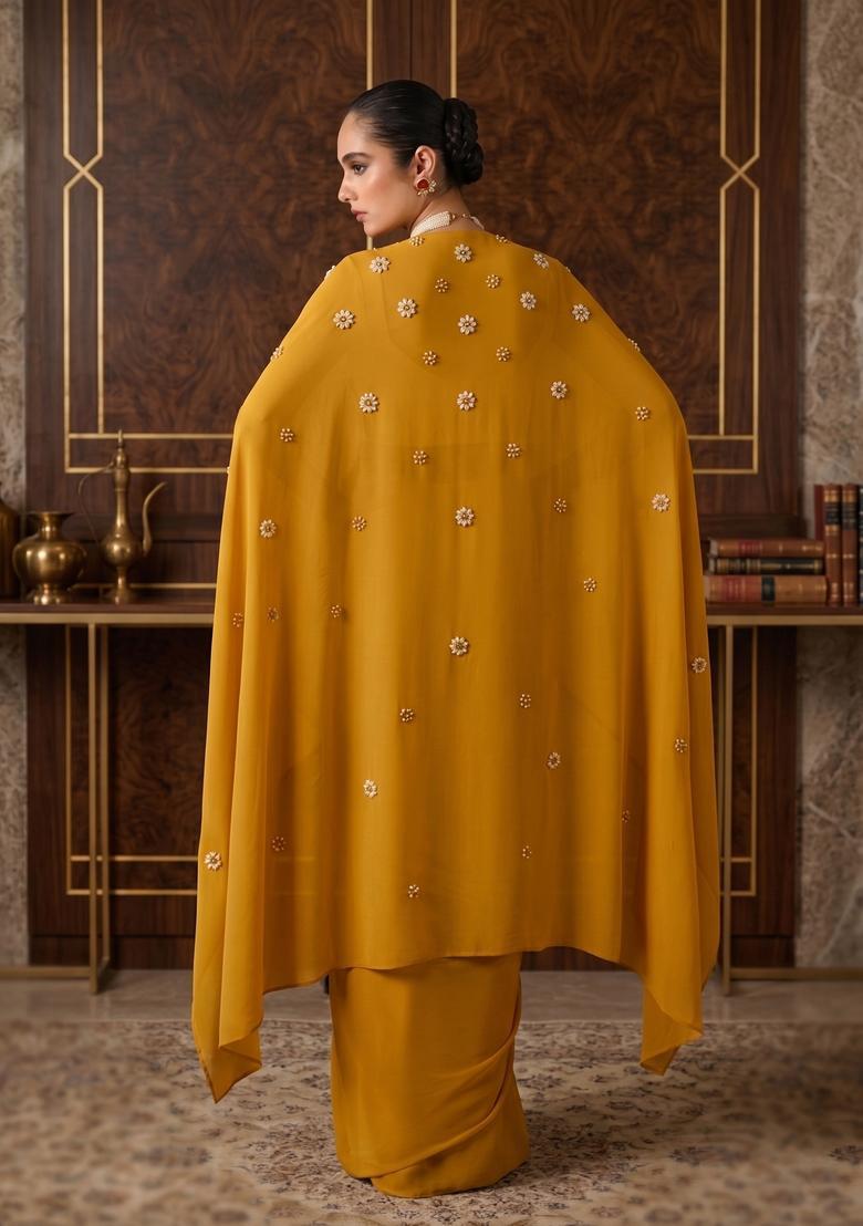 Yellow Embroidered Handwork Fusion Set - Indya