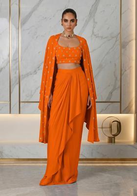 Orange Embroidered Handwork Fusion Set