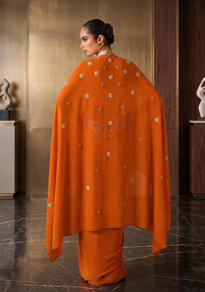 Orange Embroidered Handwork Fusion Set - Indya