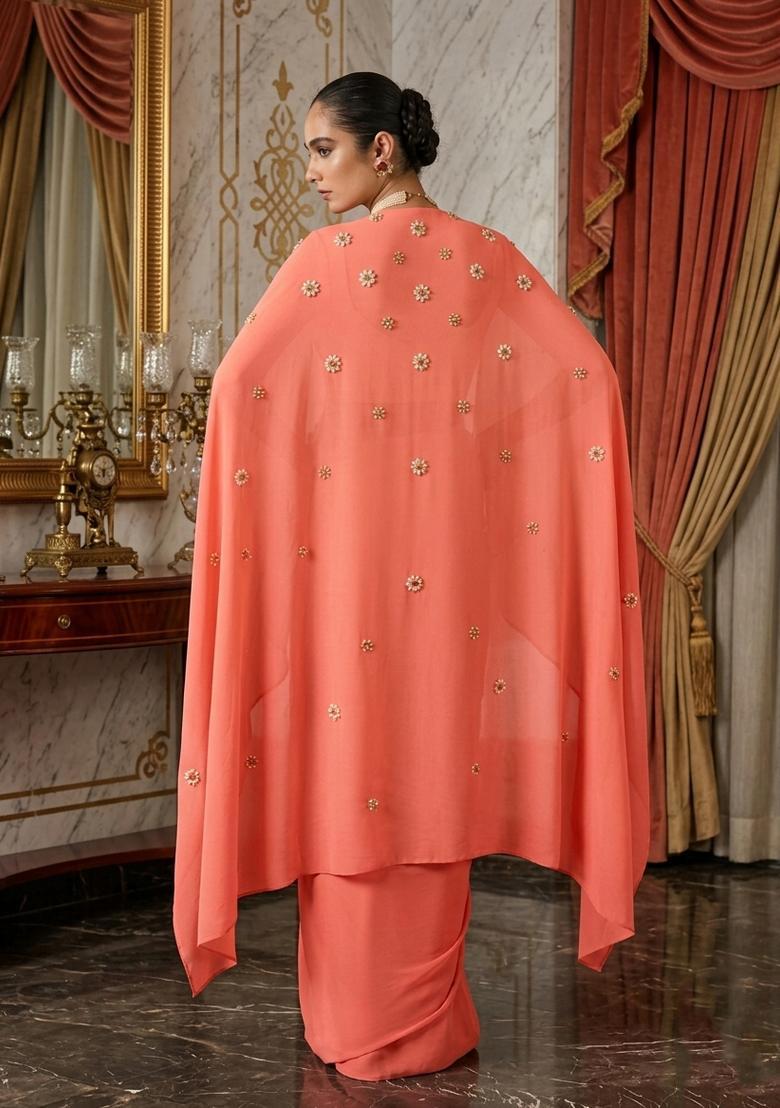 Coral Embroidered Handwork Fusion Set - Indya