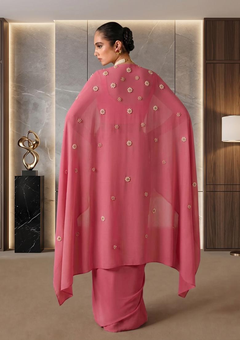 Pink Embroidered Handwork Fusion Set - Indya