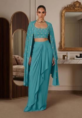 Blue Turquoise Embroidered Handwork Fusion Set