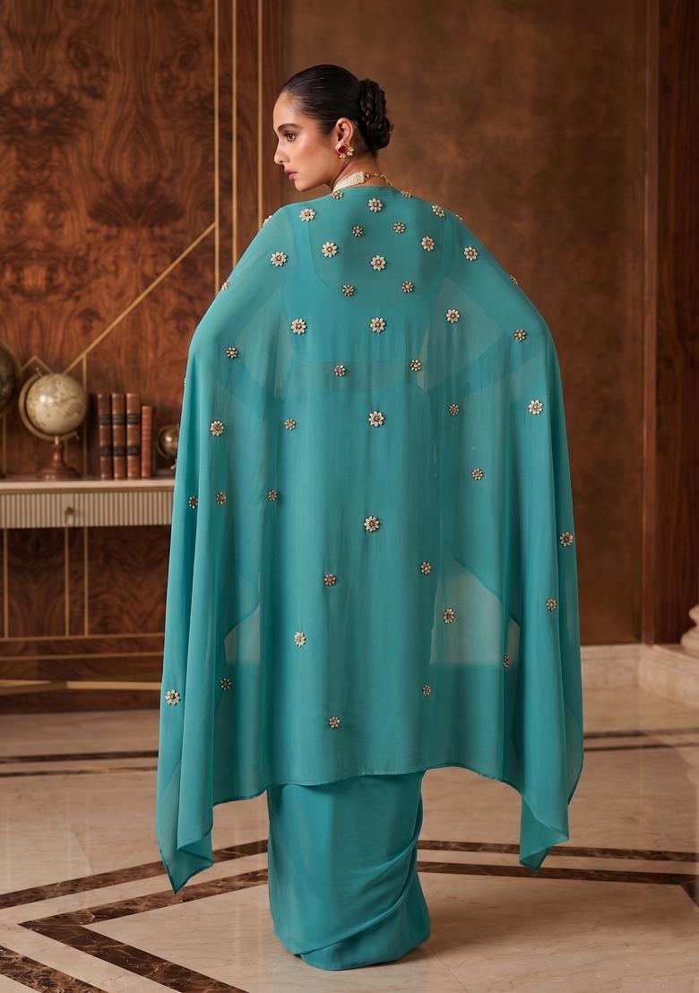 Blue Turquoise Embroidered Handwork Fusion Set - Indya