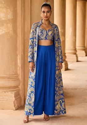 Royal Blue Printed Crepe Fusion Set