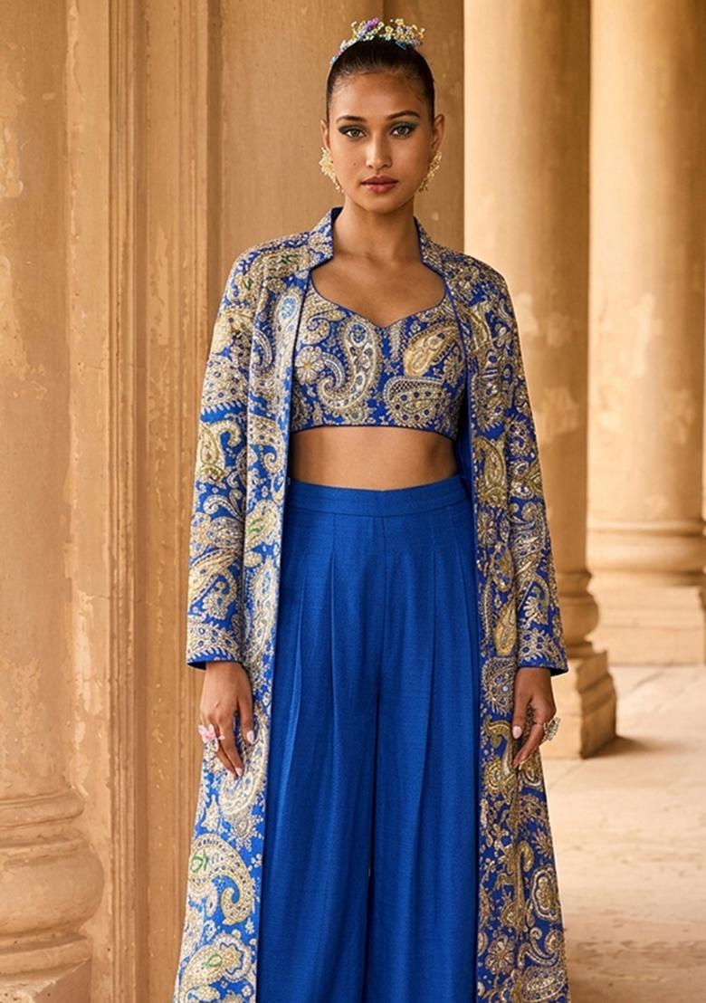 Royal Blue Printed Crepe Fusion Set - Indya