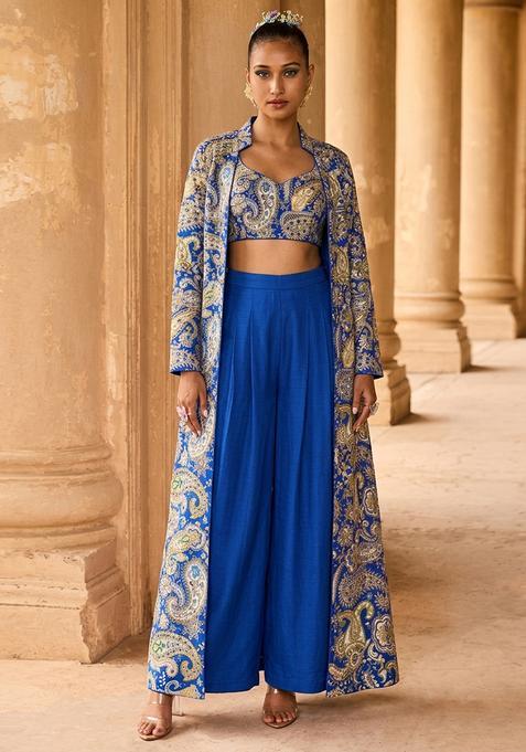 Royal Blue Embroidered Chanderi Fusion Set
