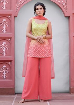Yellow Pink Printed Silk Blend Kurta Set