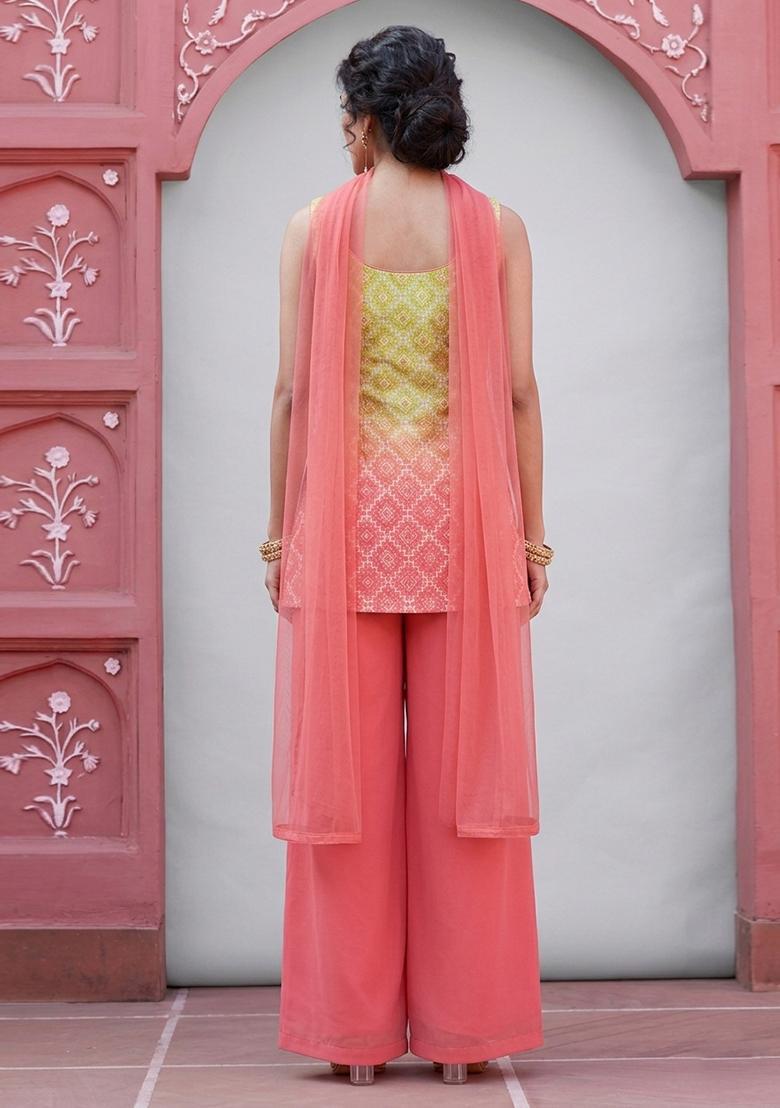 Yellow Pink Printed Silk Blend Kurta Set - Indya