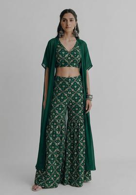 Bottle Green Sequin Georgette Sharara Set