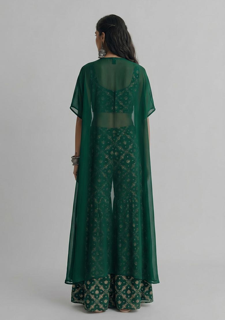 Bottle Green Sequin Georgette Sharara Set - Indya