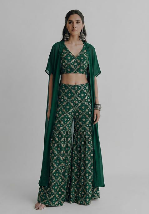Bottle Green Sequin Work Georgette Sharara Set