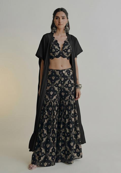 Charcoal Black Sequin Work Georgette Sharara Set