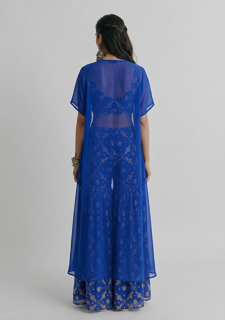 Royal Blue Sequin Georgette Sharara Set - Indya