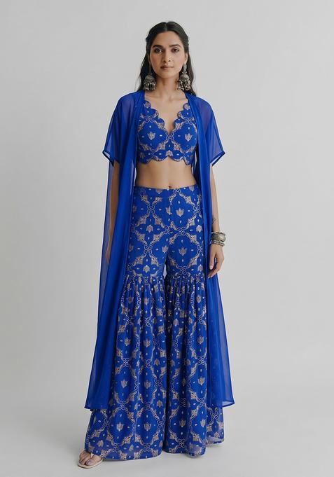 Royal Blue Sequin Work Georgette Sharara Set