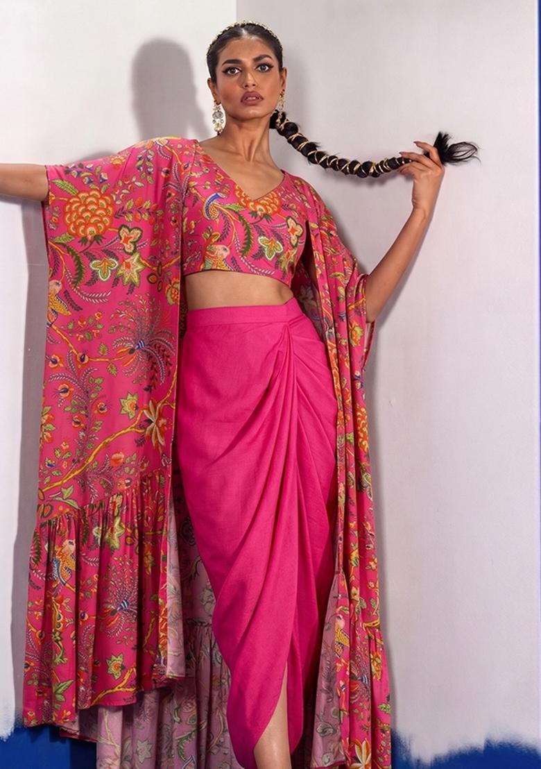 Rani Pink Printed Georgette Fusion Set - Indya