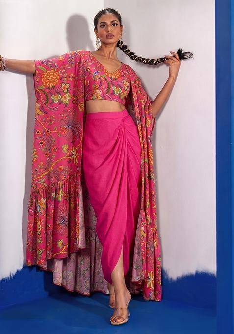 Rani Pink Floral Print Silk Blend Fusion Set