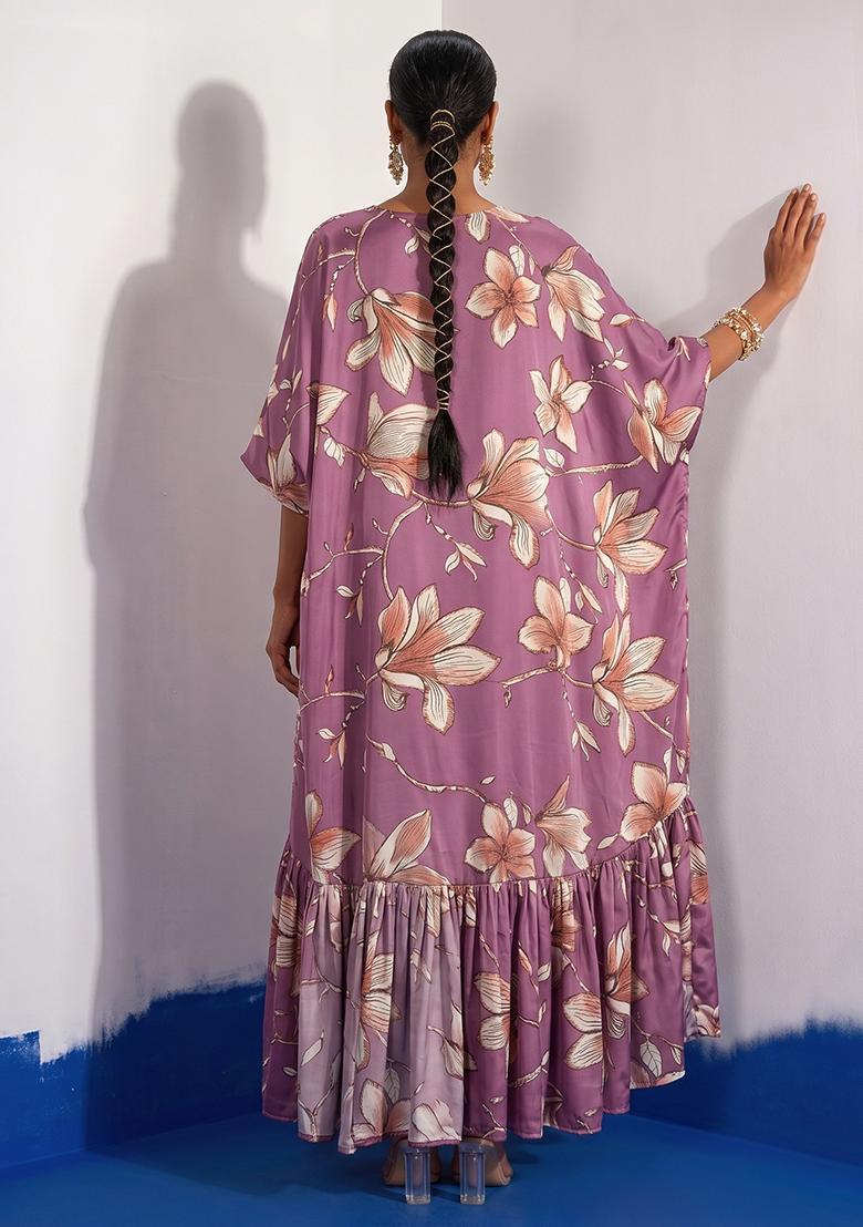 Mauve Floral Print Crepe Fusion Set - Indya