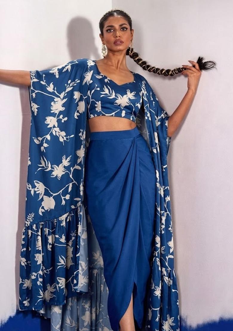 Indigo Blue Printed Georgette Fusion Set - Indya