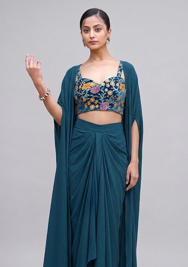 Bottel Green Embroidered Velvet Fusion Set - Indya