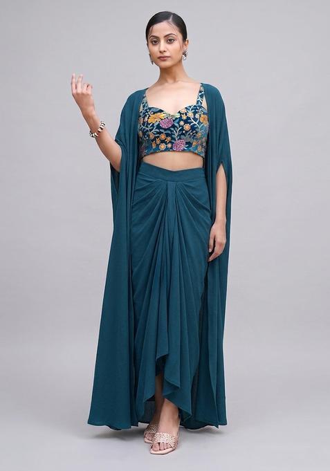 Bottel Green Embroidered Velvet Fusion Set