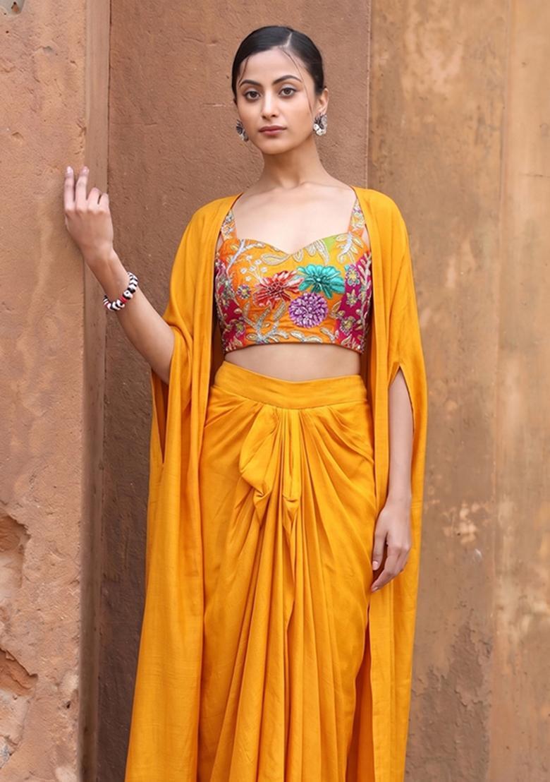 Mustard Printed Crepe Fusion Set - Indya