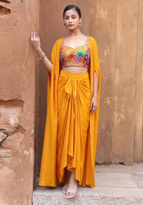 Mustard Printed Crepe Fusion Set