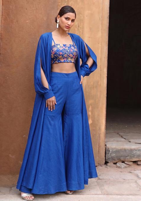 Royal Blue Embroidered Handwork Silk Blend Fusion Set