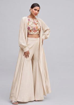 Cream Printed Crepe Fusion Set