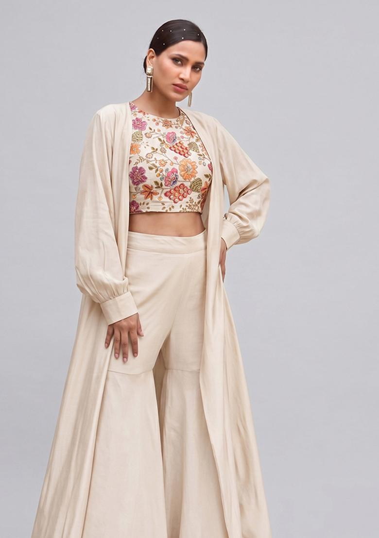 Cream Printed Crepe Fusion Set - Indya