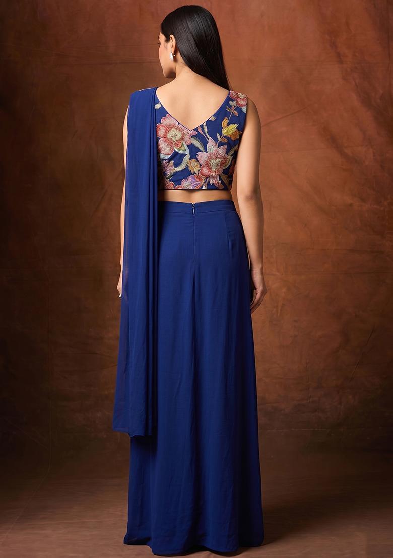 Royal Blue Printed Chinon Fusion Set - Indya