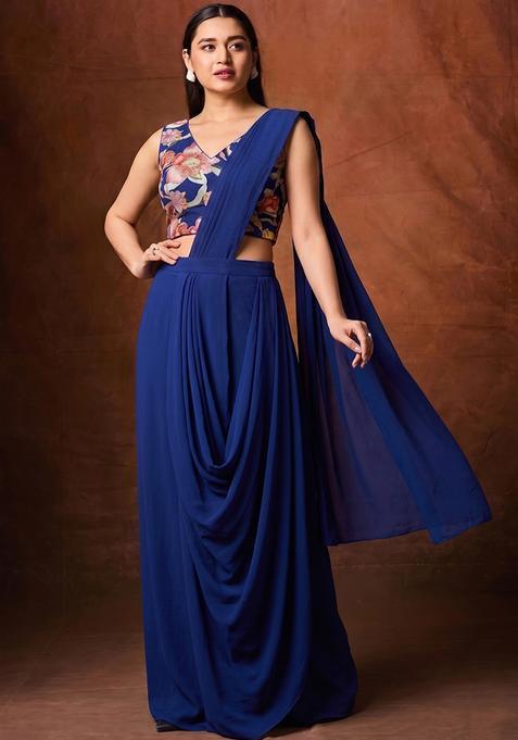 Royal Blue Printed Chinon Fusion Set