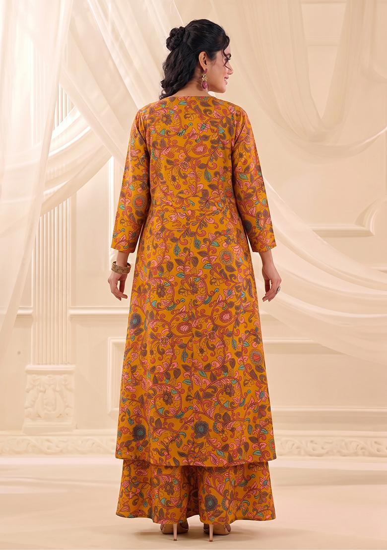 Mustard Printed Georgette Fusion Set - Indya