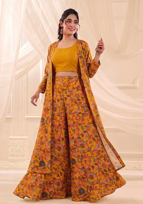 Mustard Floral Print Silk Blend Fusion Set
