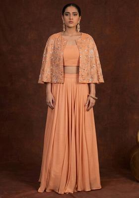 Peach Embellished Crepe Fusion Set